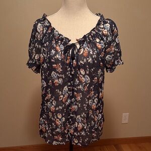 Joie Navy Floral Blouse with Tie-Front